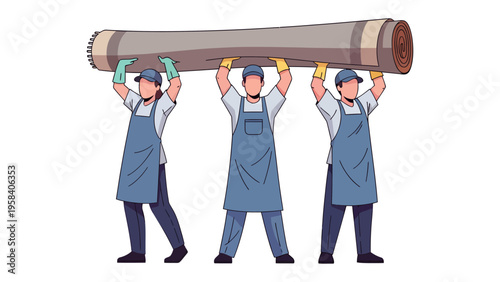 Carpet Delivery Team: A dedicated team of service people works together to carry a rolled-up carpet, showcasing their commitment to service and reliability.