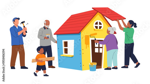 Building a Dream: A family collaboratively constructs a colorful playhouse, symbolizing togetherness and shared effort. They are diligently painting and hammering.