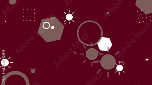 Abstract geometric shapes animation in a colorful hipster memphis style on a maroon background