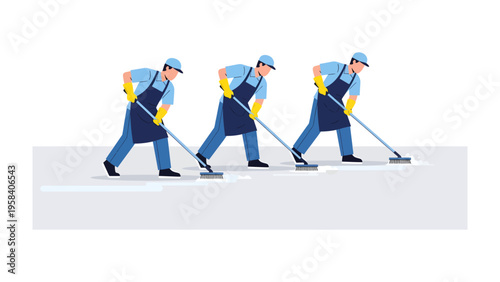 Workers in Action: A trio of uniformed workers, diligently sweeping with brooms in synchronized motion, embodying the essence of teamwork and dedication in a clean, contemporary setting.