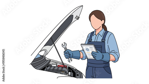 Auto Mechanic at Work: A skilled automotive mechanic diligently examines an engine compartment, holding a wrench and a diagnostic document in hands to assess and address the vehicle's needs.