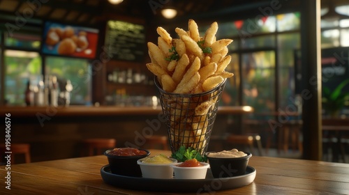 Golden French fries in a wire cone, served with sauces on a wooden table in a cafe
