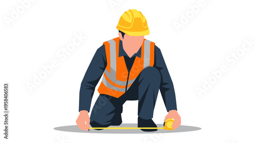 Construction Worker Measuring: A construction worker, wearing a hard hat and safety vest, meticulously measures a surface with a measuring tape, demonstrating precision and expertise.