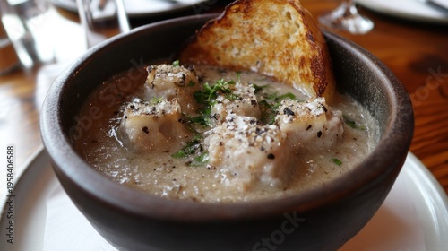 Creamy soup in dark bowl, topped with toasted bread and bits