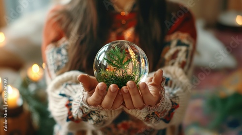 Woman holding crystal ball with plant inside