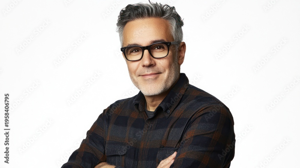 Fototapeta premium Mid-adult man, smiling, wearing glasses and plaid shirt
