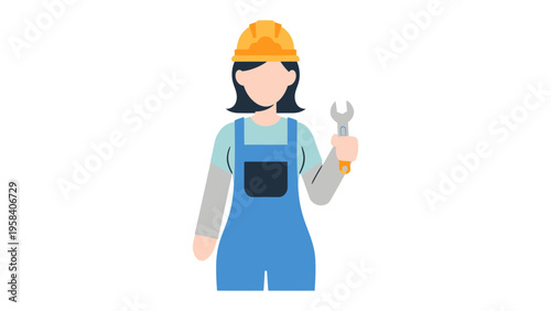Female Engineer: A female engineer stands confidently, holding a wrench. She is wearing a hard hat, dressed in professional attire.