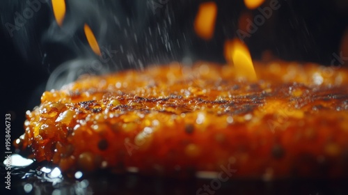 Close-up of a golden-brown, crispy patty sizzling on a hot pan with steam and fire