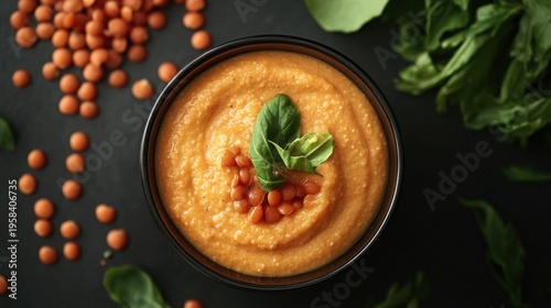Lentil soup in a bowl, garnished with fresh basil and lentil seeds