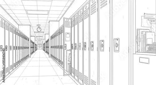 Long Corridor with Metal Lockers.