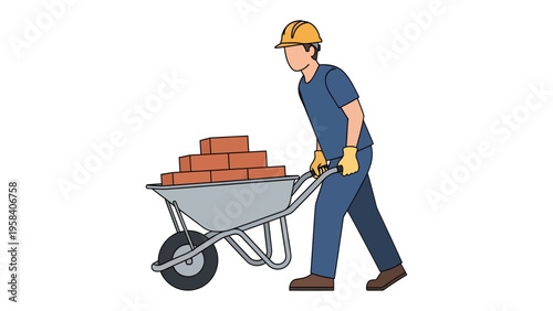 Building Material Delivery: A construction worker wearing a safety helmet carefully pushes a wheelbarrow loaded with bricks across a construction site.