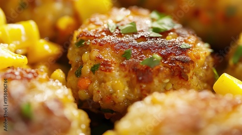 Close-up of golden brown, spiced meatball-like foods