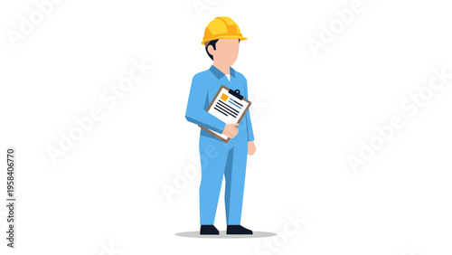 Construction Worker with Clipboard: A diligent construction worker stands ready, holding a clipboard, signifying safety and preparedness in the construction environment.