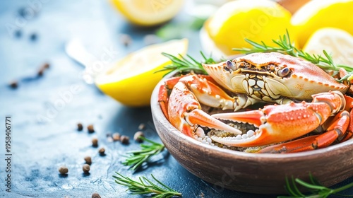 Cooked crab in bowl, with lemons and rosemary