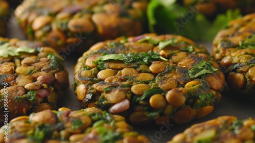 Close-up of lentil patties, seasoned and cooked