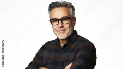 Mid-adult man, smiling, wearing glasses and plaid shirt