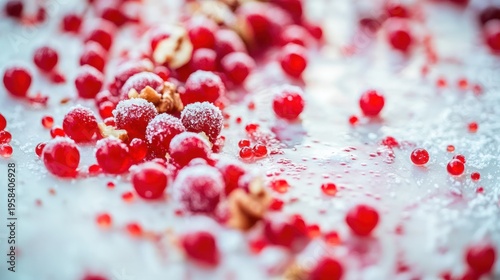 Red berries and nuts on a white surface, sugared and glistening