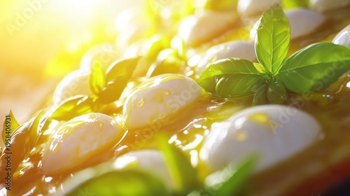 Close-up of pizza with mozzarella and basil, sunlit