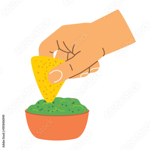 hand dipping nacho in the bowl with fresh guacamole -vector illustration