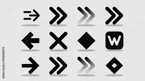 Collection of various black arrow and shape icons on light gray background