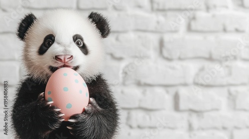 Baby panda holds Easter egg