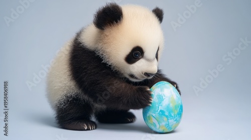 Baby panda examining a painted Easter egg