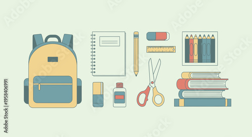 School supplies and books arranged neatly.