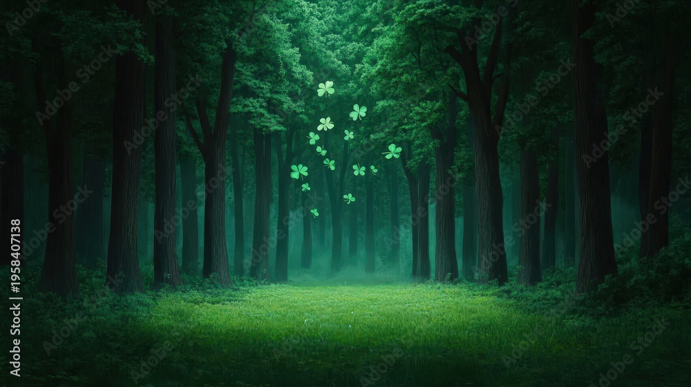 Fototapeta premium A glowing forest clearing with clover leaves floating in the air under tall, dark trees.