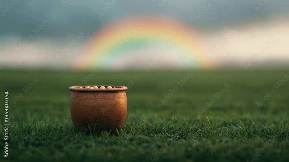 Obraz premium A clay pot filled with coins sits on grass, with a vibrant rainbow arching in the blurred background.