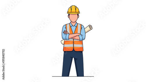 Architect at Work: A construction architect stands confidently, arms crossed, holding blueprint design and wearing protective gear, representing expertise and dedication in the building process.