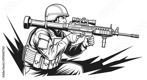 Soldier holding a large rifle gun.