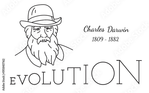 Line vector illustration of the portrait of famous scientist Charles Darwin, the author of the theory of evolution. Outline concept of lettering of the word evolution with increasing letter sizes.