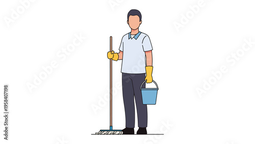 Janitor ready for cleaning work: A janitor stands at attention, brandishing a mop and bucket ready to tackle the space, symbolizing dedication to order.