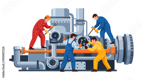 Industrial Teamwork: A skilled team of engineers and technicians work diligently to maintain and repair heavy machinery in an industrial setting, showcasing precision and dedication.