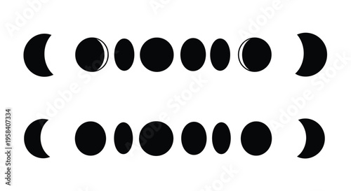 Black and white illustration depicting the phases of the moon in a row