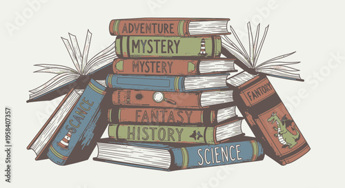 Stack of old colorful hardcover books.