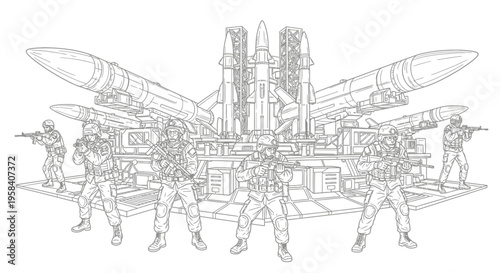 Soldiers standing in front missiles.