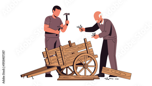 Crafting Legacy: A collaborative scene unfolds as two individuals meticulously build a wooden wagon, a symbol of heritage and the enduring value of skilled craftsmanship.