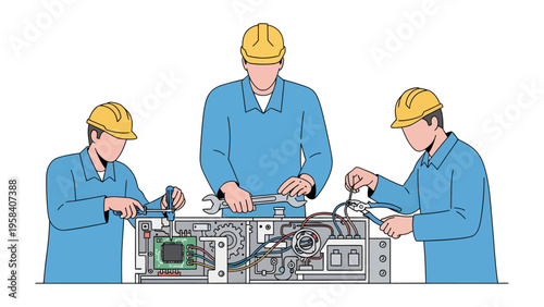 Assembly of Precision: A group of skilled technicians is deeply immersed in the meticulous process of repairing, assembling and ensuring peak performance of a device.