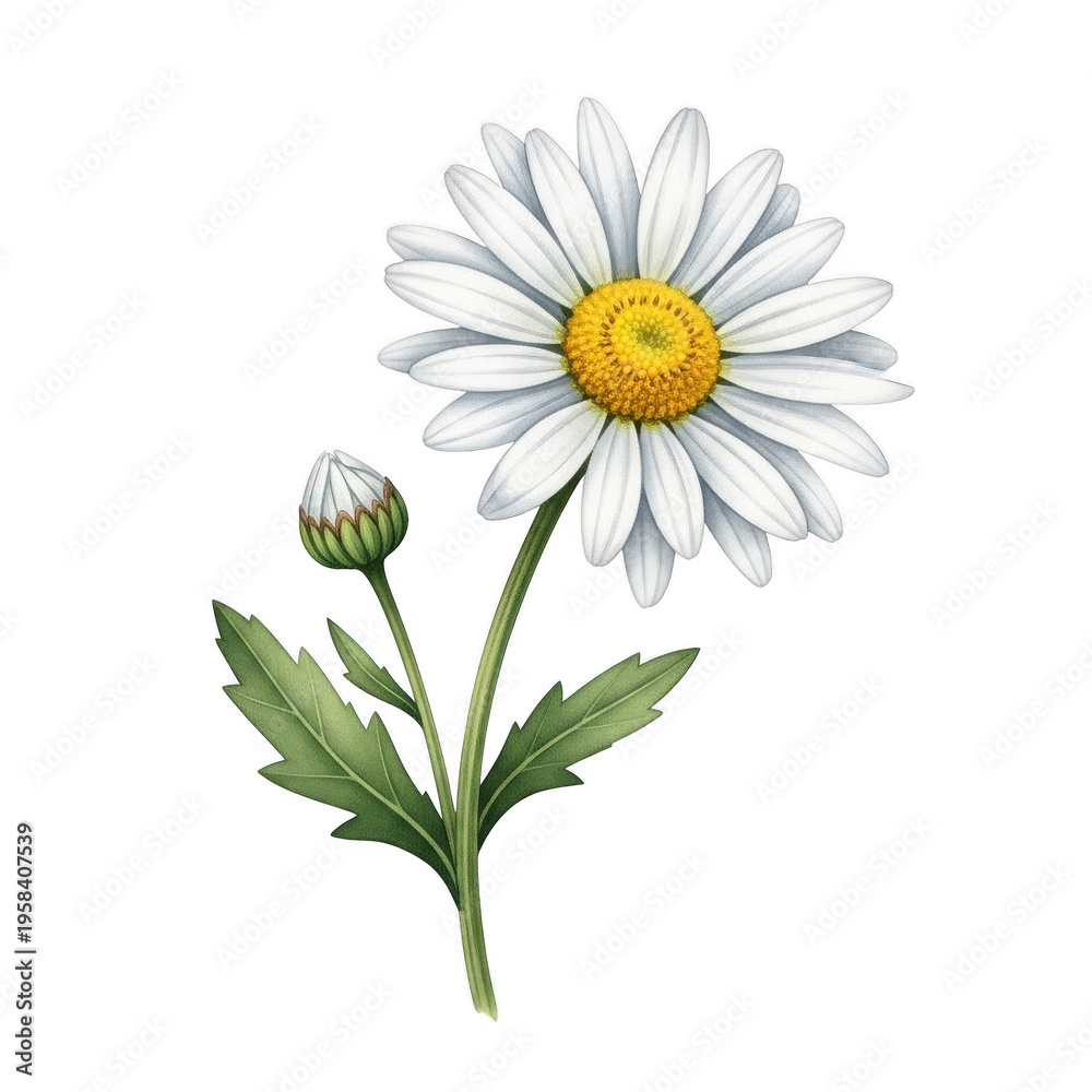 Fototapeta premium A single daisy flower with a yellow center and white petals growing from the ground. isolated on transparent background