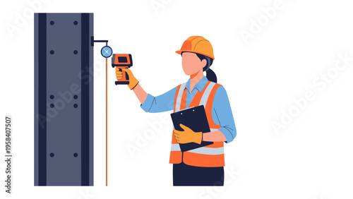 Quality Inspection: An industrious inspector, armed with modern tools, conducts a thorough examination of a structure, symbolizing precision and professional diligence.