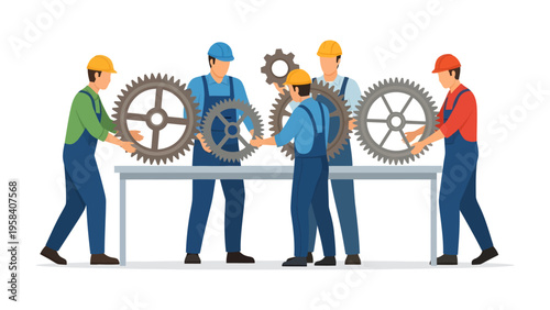 Teamwork Engineering: A team of skilled technicians work together, harmoniously assembling cogs and gears on a workbench, symbolizing collaboration and precision in the realm of industry.