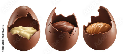 Three chocolate easter eggs with different fillings candy isolated on a transparent background