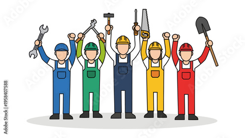 Builders of Progress: A diverse group of construction workers, each holding a different tool, stand together in unity, symbolizing collaboration and progress.