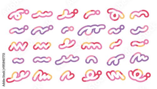 カラフルでかわいい抽象的な装飾イラストセット　メンフィス　くるん　お洒落な線　波　ジグザグ　ギザギザ