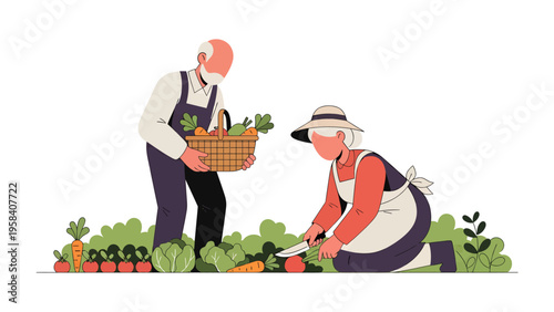 Harvest Harmony: A senior couple works in their vibrant garden, collecting fresh vegetables with care. Embracing a simple life, a connection with nature, and savoring the fruits of their labor.