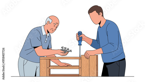 Crafting Together: A heartwarming scene unfolds as a father and son collaborate on a woodworking project, emphasizing the shared experience and creation.
