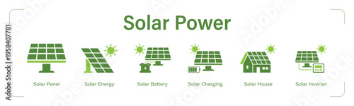 Solar Power web banner icon set. vector illustration concept with icon of Solar Panel, Solar Energy, Solar Battery, Solar Charging, Solar House, Solar Inverter.