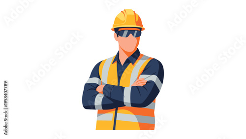 Confident Construction Professional: A steadfast construction worker in safety gear stands with folded arms, ready to tackle any challenge on the job site. Showcasing dedication and expertise.
