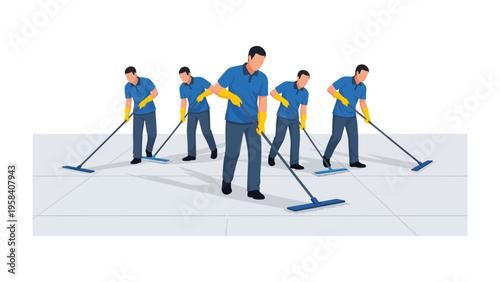 Clean Crew at Work: A team of dedicated individuals, dressed in uniform, efficiently cleans a tiled floor, highlighting commitment to cleanliness and service